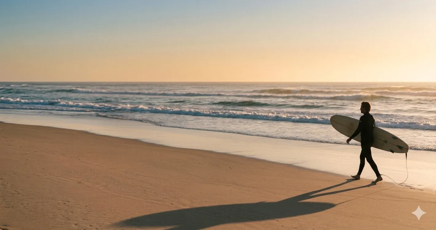 Surfeur sur la plage au coucher du soleil